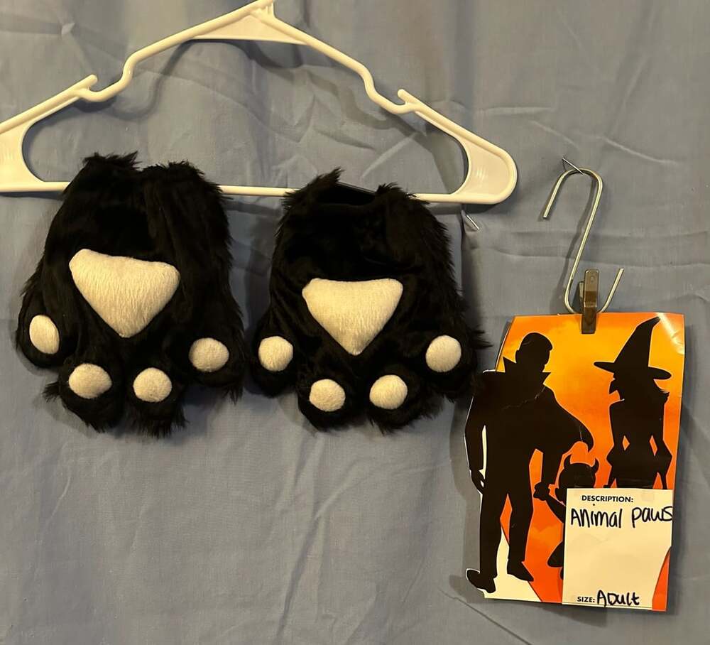 Animal Paws, Adult Size, Black Plush Costume Gloves